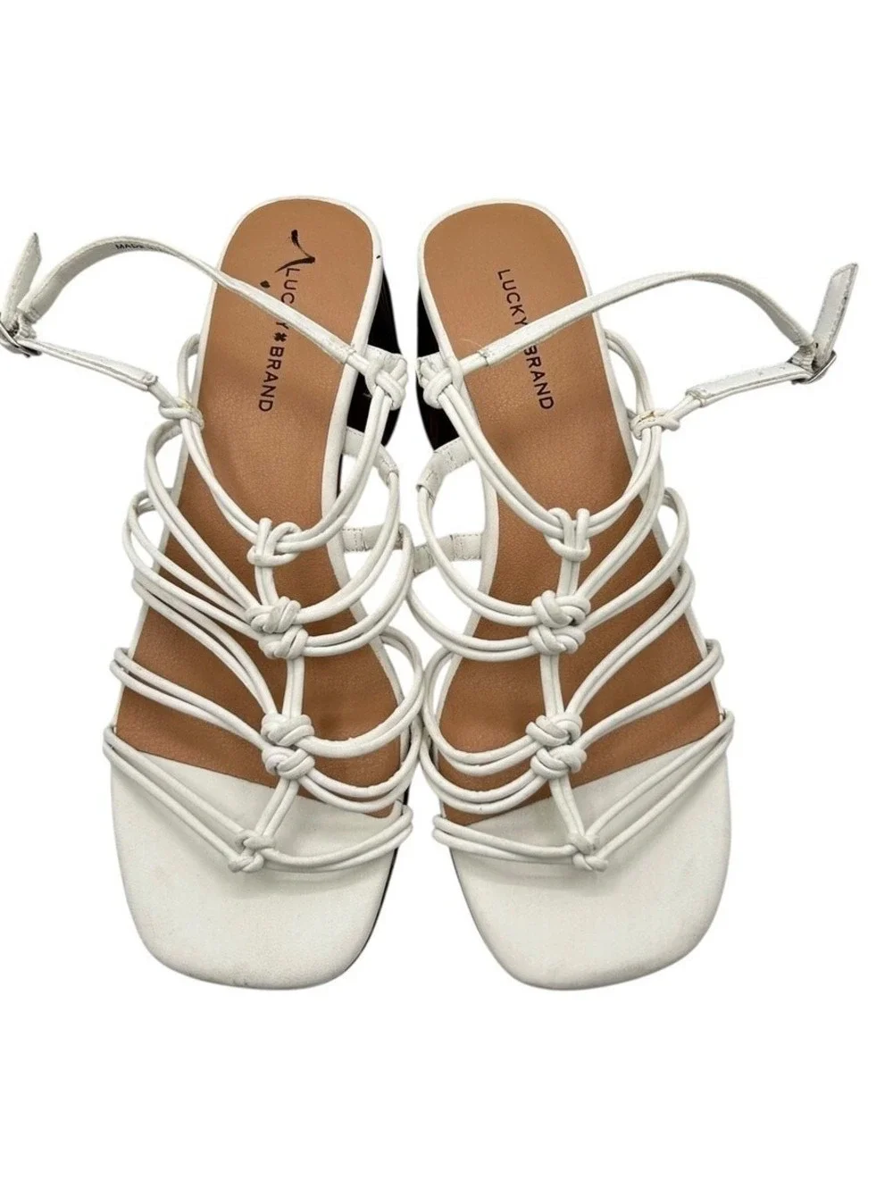 Lucky Brand Bassie White Strappy Knotted Bamboo Block Heel Sandal Women Size 10M